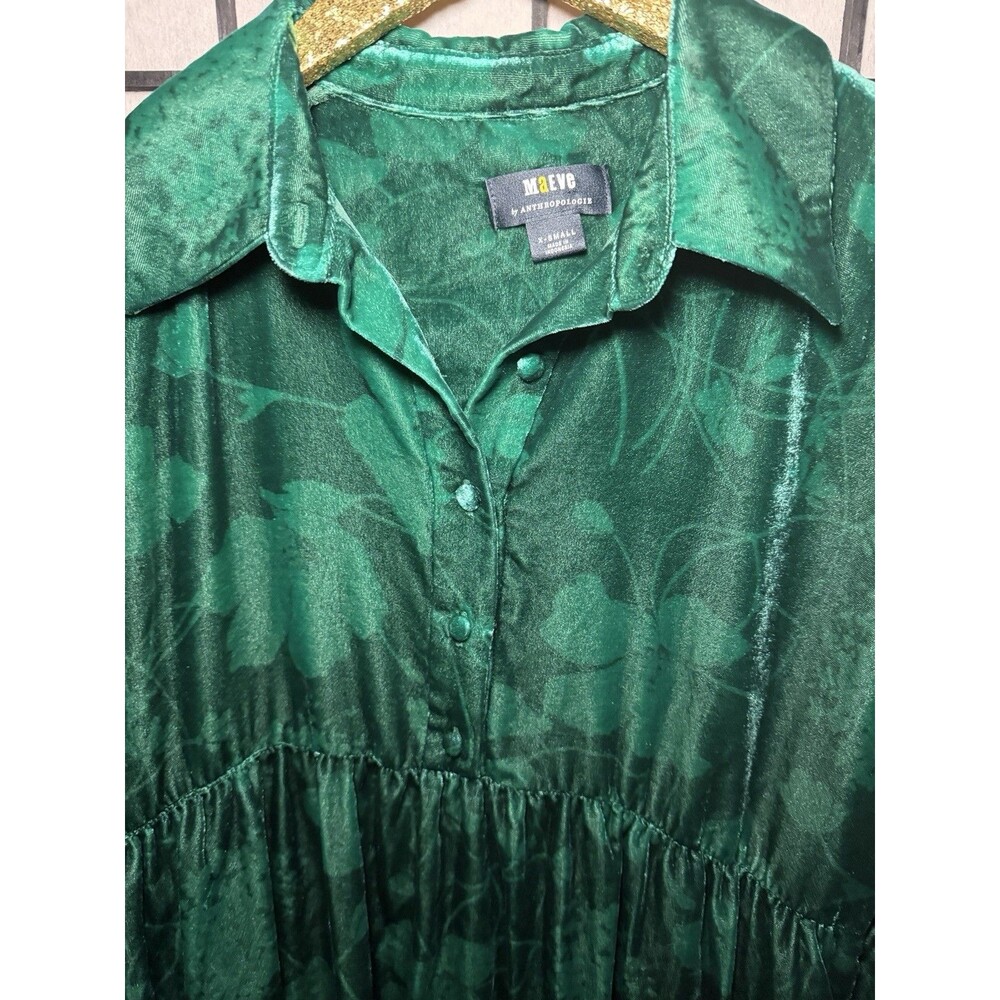 Anthropologie Maeve Bettina Tiered Mini Shirt Dress XS Green Velvet‎ Floral - Picture 7 of 9